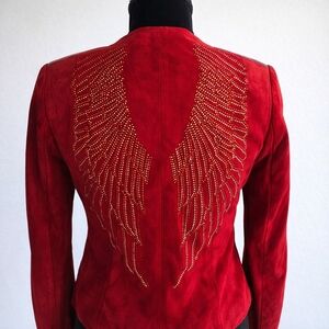 Elegant Ottimo Red Leather Jacket with Wing Embellishments Size Xs